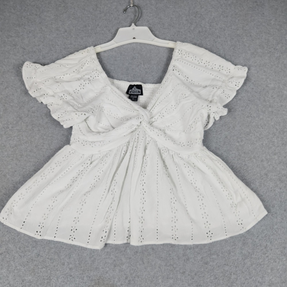 Angie Top Women Large White Eyelet Flutter Sleeve Twist Front Smocked Peplum Hem